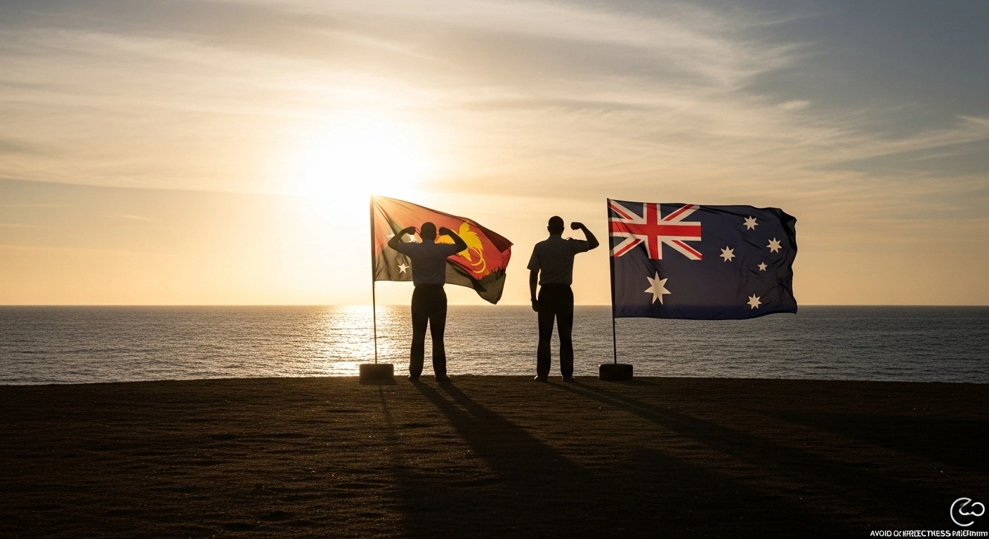 Two figures, one symbolizing Papua New Guinea and the other Australia, stand resolutely side-by-side against a golden ocean horizon at sunset, representing their newly formed mutual defence treaty and bilateral security alliance.