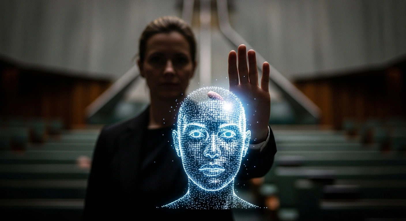 A determined legislator stands before a fragmented, digitally distorted human face projected onto a screen, symbolizing legal protection against AI deepfakes, with the Australian Parliament building subtly visible in the background.