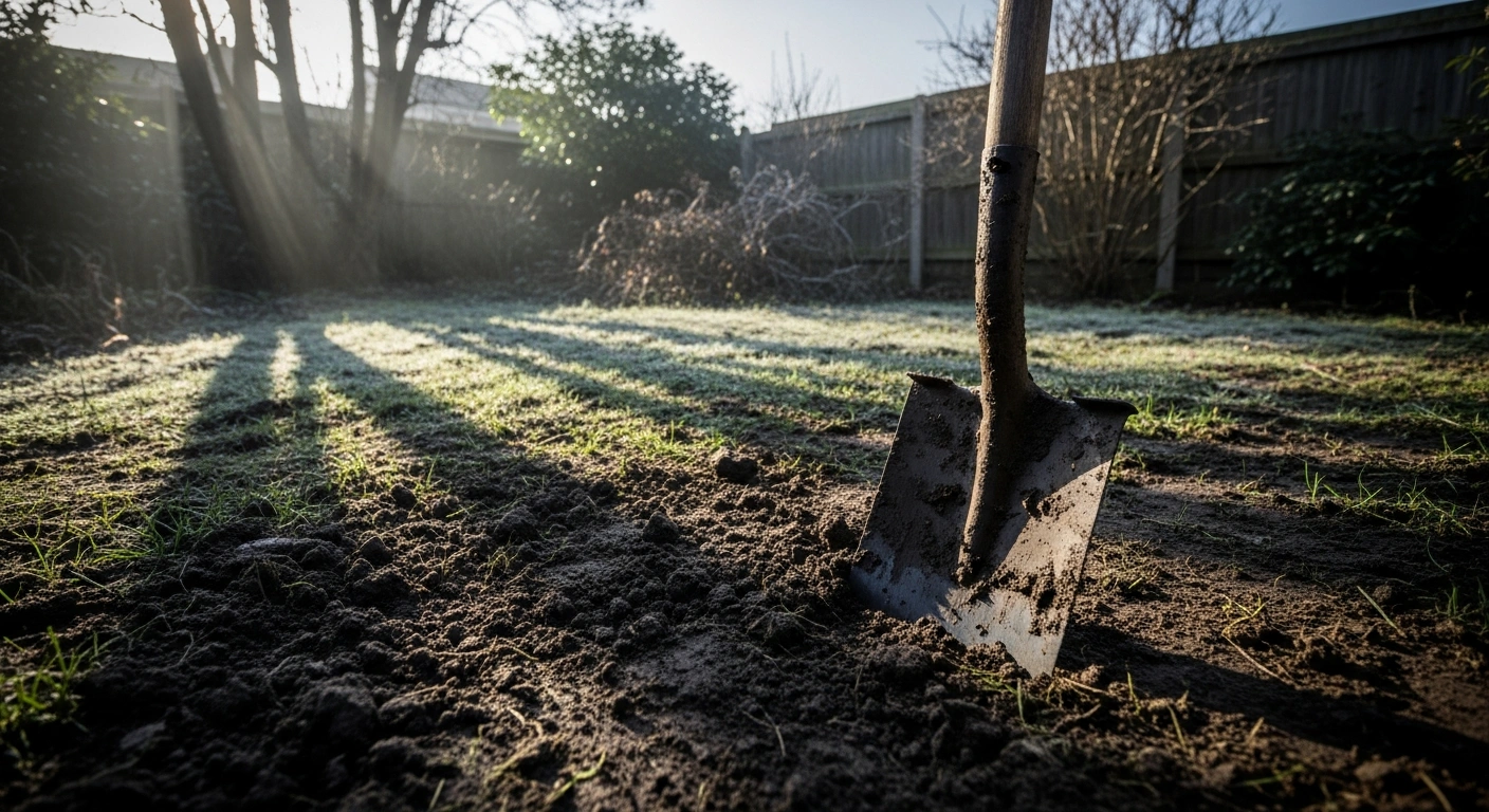A stark, low-angle view of a freshly disturbed patch of earth in a neglected garden at dawn, with a mud-caked shovel standing upright, symbolizing the grim discovery of Izabela Zablocka's dismembered body 15 years after her disappearance, for which Anna Podedworna received a life sentence for murder.