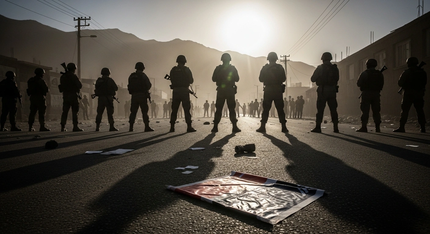 A desolate, dust-choked street in a mountainous region shows scattered debris and a tattered protest banner in the foreground, with a line of heavily armed security forces standing rigidly in the background under a harsh late afternoon sun, depicting the aftermath of a crackdown on protesters in Pakistan-Occupied Kashmir.