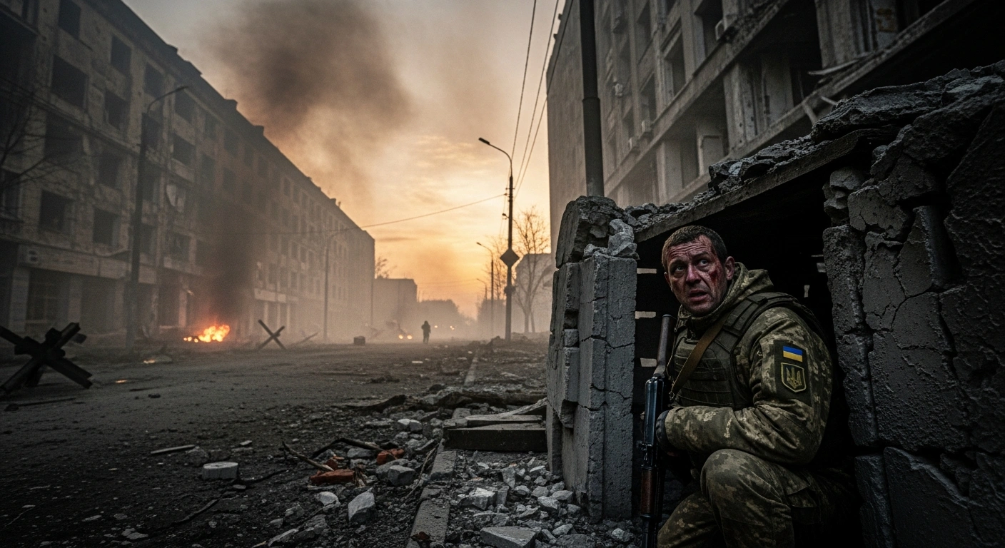 A lone Ukrainian soldier crouches behind a crumbling barricade in the smoke-choked streets of Pokrovsk, Donetsk Oblast, during heavy fighting as Russian forces advance, highlighting Ukraine's manpower challenges.