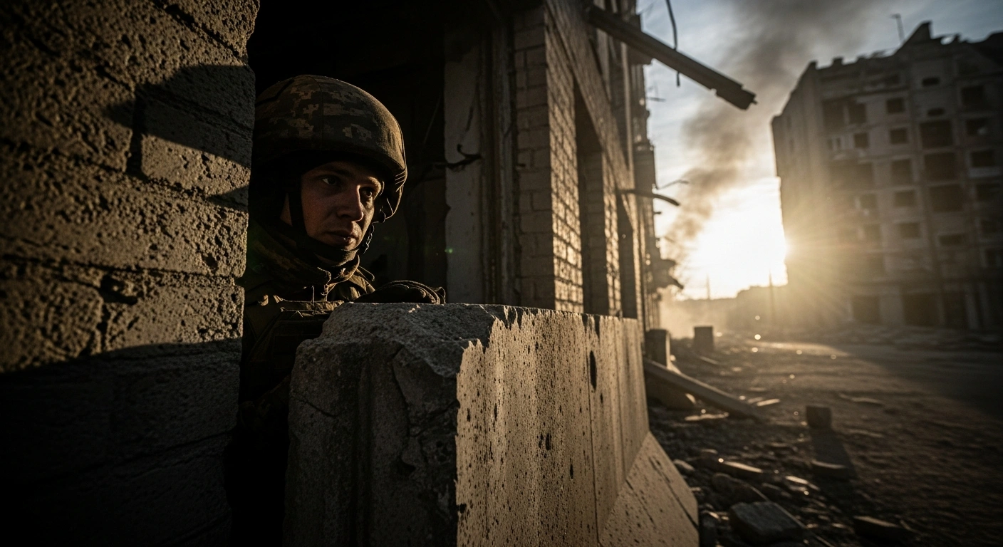A low-angle, gritty shot of a Ukrainian special forces operative, helmeted and grim-faced, peering from behind a crumbling concrete barrier in the shattered streets of Pokrovsk, Donetsk Oblast, during intense street fighting against Russian forces.