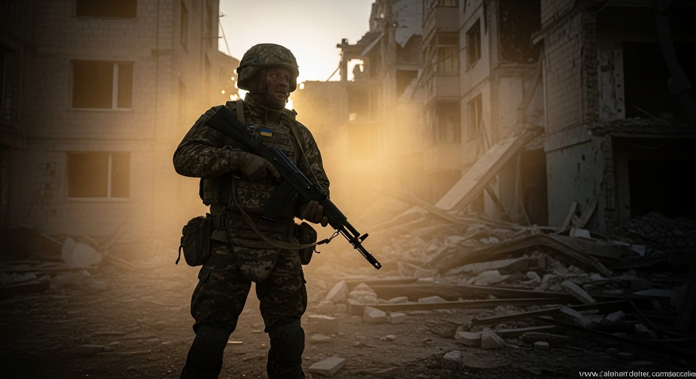 A Ukrainian special forces soldier stands amidst the smoldering ruins of a building in the eastern city of Pokrovsk, reflecting the fierce fighting and disputed claims between Russian and Ukrainian forces.