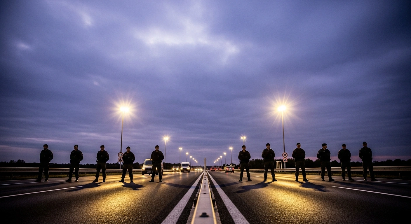 A wide, low-angle shot at a European border crossing at pre-dawn shows uniformed border guards under harsh floodlights scrutinizing vehicles, symbolizing Poland's temporary border controls with Germany and Lithuania in response to irregular migration and for national security.