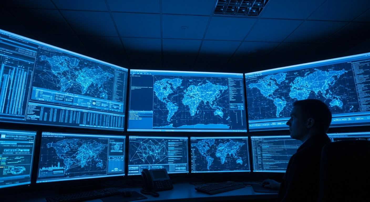 A dimly lit, high-tech Polish cybersecurity control center shows glowing screens with complex data visualizations, representing the successful thwarting of a cyberattack against a city's water supply, a type of incident often attributed to Russian actors targeting critical infrastructure.
