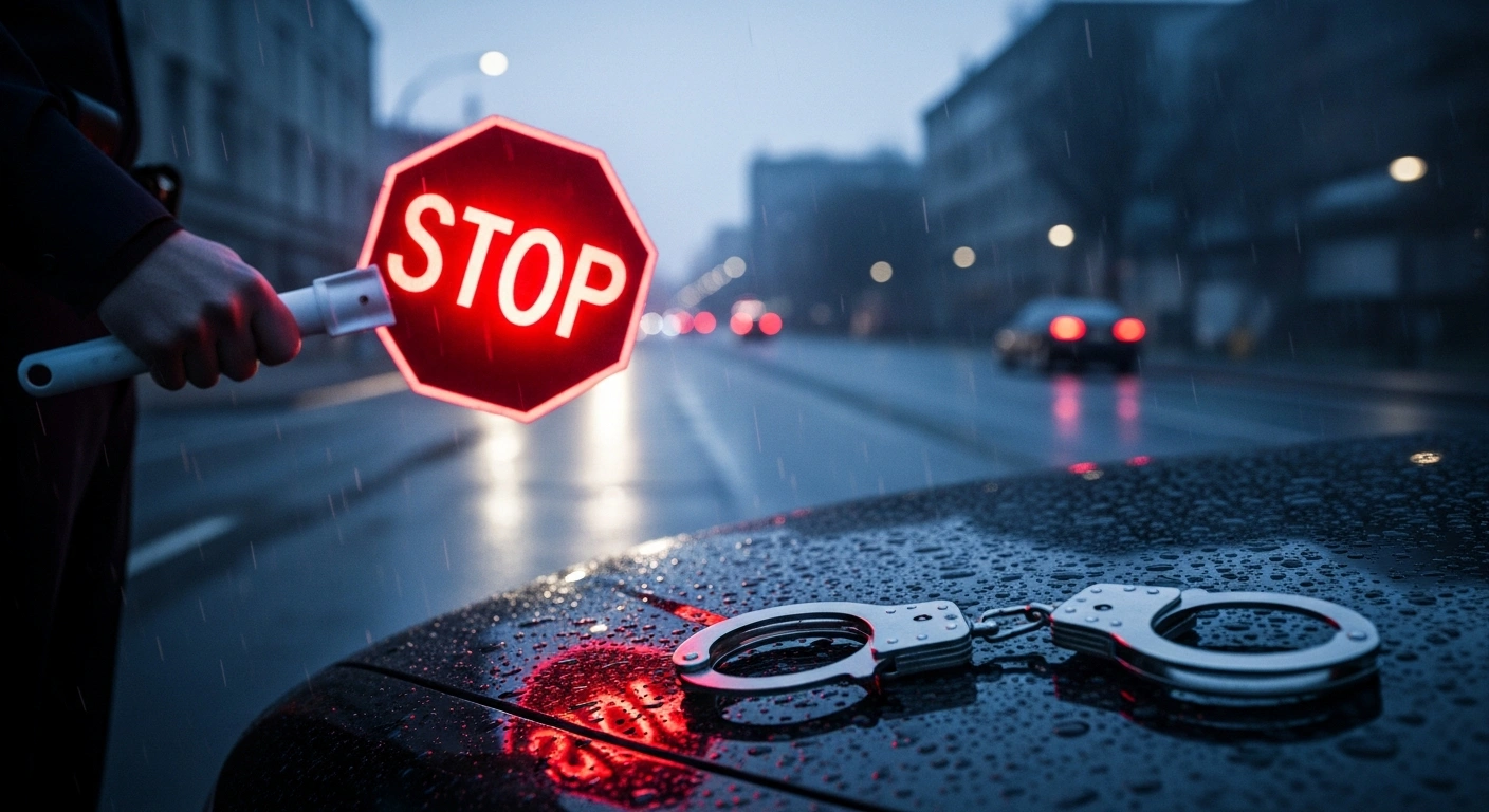 A pair of metal handcuffs rests on a police car hood as a symbol of the Polish Ministry of Justice's new measures to imprison drivers who violate court-imposed driving bans.
