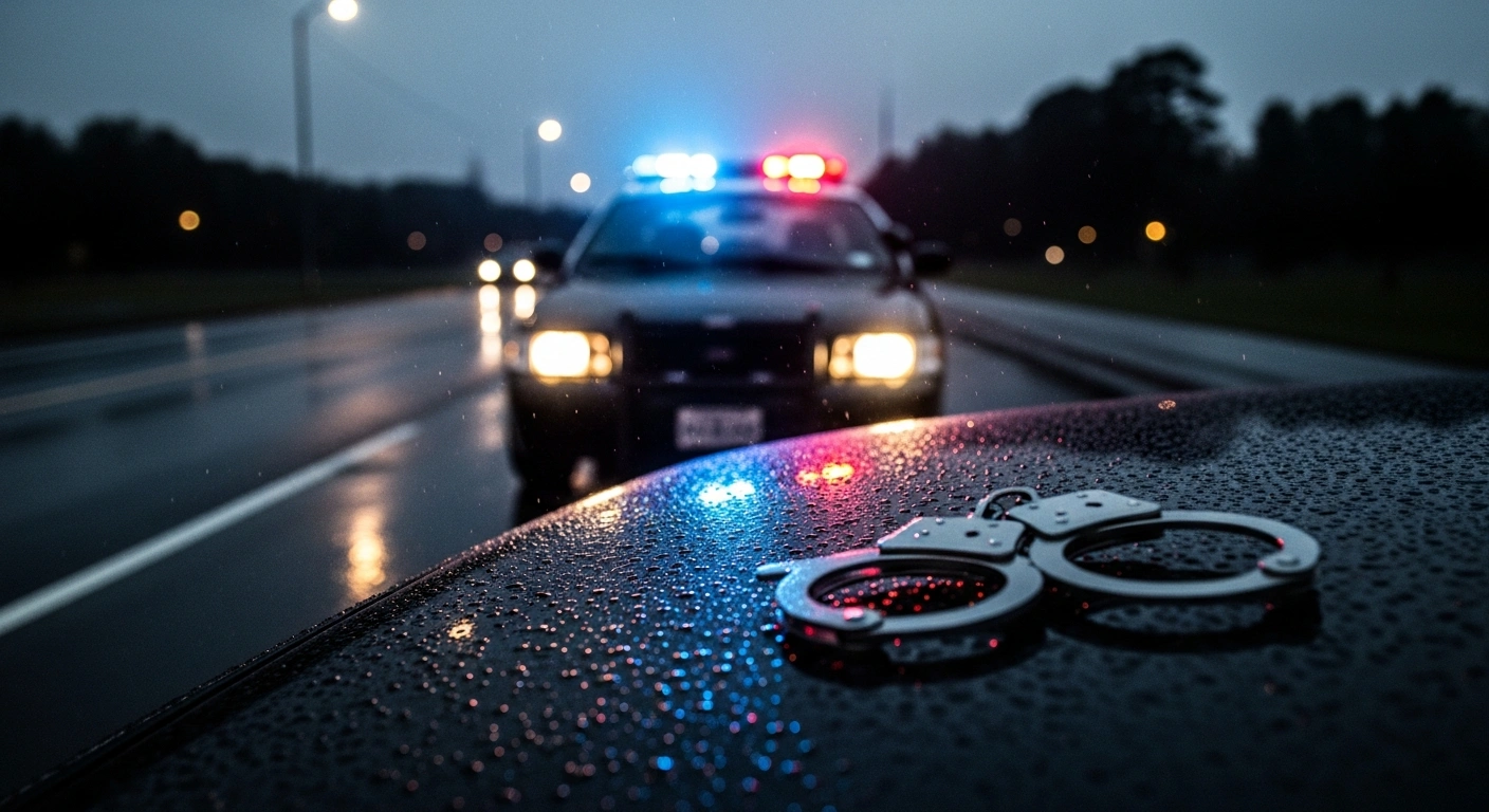 A pair of handcuffs rests on a car hood at night while police lights flash in the background to represent the enforcement of driving bans in Poland.