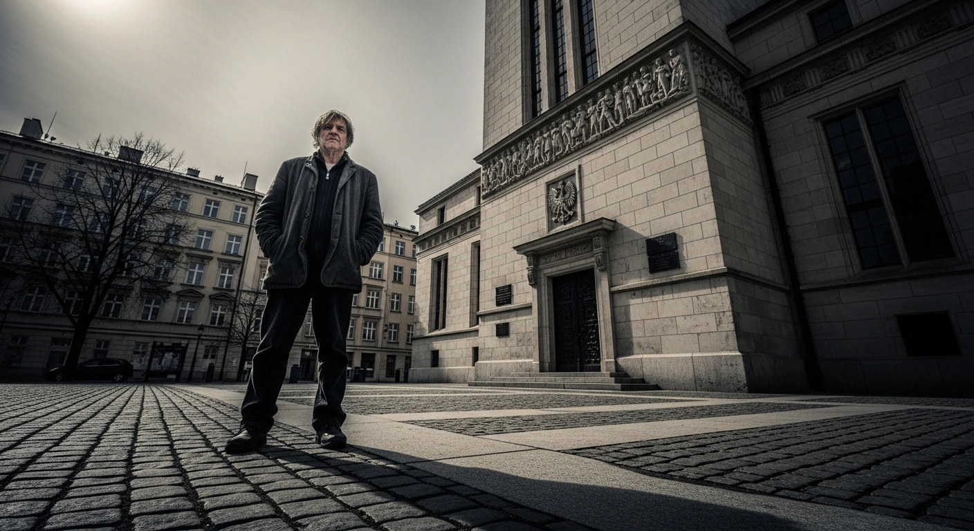 A solitary figure stands before a large stone courthouse in Poland following a controversial extradition ruling involving a Russian archaeologist.