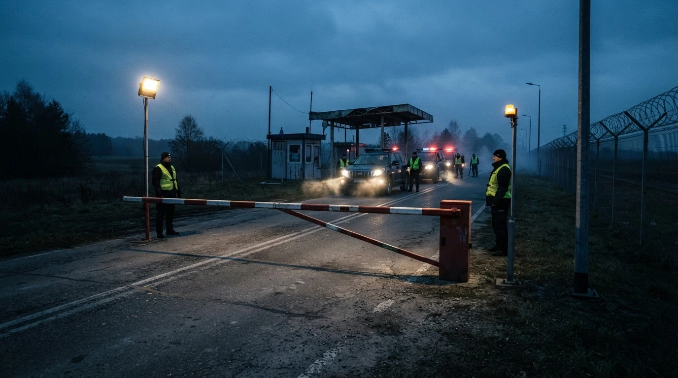 A line of patrol vehicles monitors a border crossing between Poland and Germany as part of extended temporary security controls.