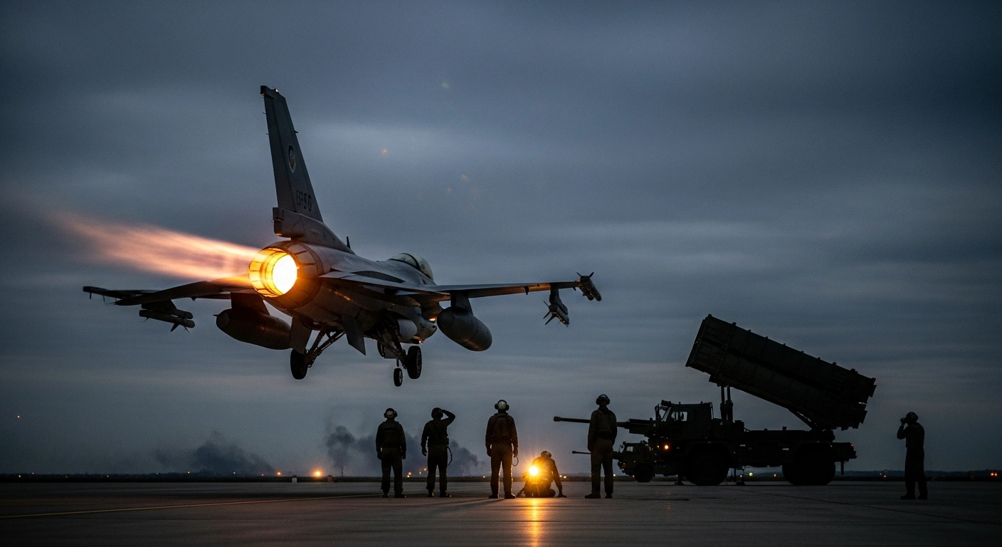 A powerful allied fighter jet with afterburners glowing takes off from a tarmac at predawn, with a Patriot missile launcher silhouetted in the background and distant flashes of light on the horizon, depicting Poland's activation of air defense systems and deployment of jets in response to Russian airstrikes near the Ukrainian border.