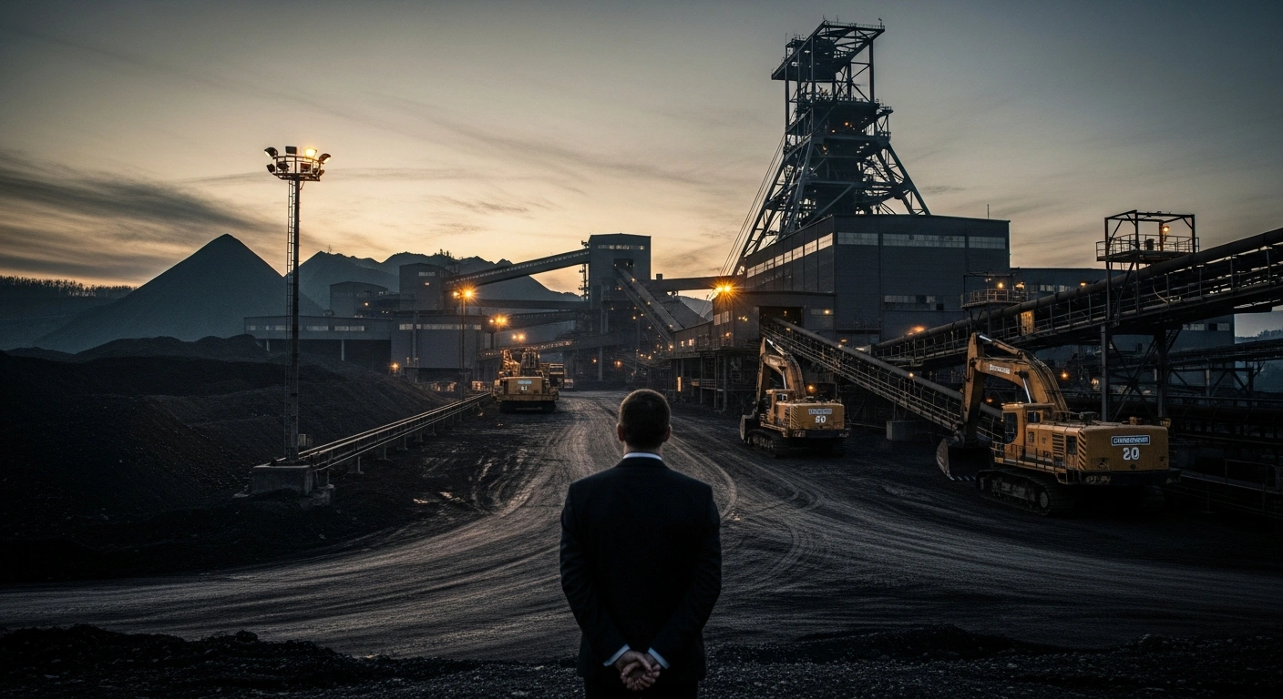 A wide, low-angle photograph captures a vast coking coal mine at dawn, featuring dormant industrial machinery under harsh floodlights, with a lone, silhouetted figure in the foreground symbolizing the critical financial discussions regarding Jastrzębska Spółka Węglowa (JSW)'s liquidity issues and restructuring efforts in Poland.