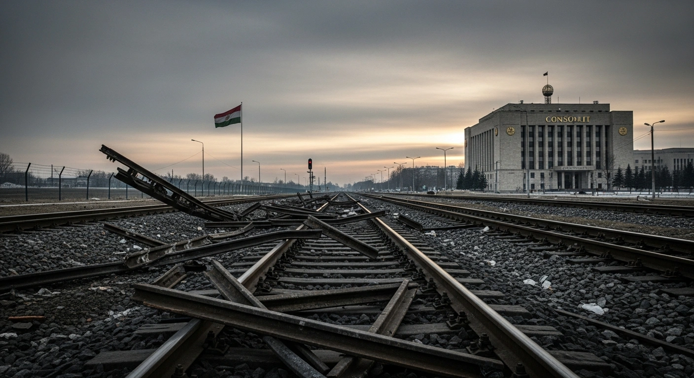 A wide shot depicts a damaged railway line with twisted metal and splintered ties, leading towards a distant, imposing consulate building under an overcast sky, symbolizing the diplomatic tensions between Poland and Russia following a railway sabotage and consulate closure in Gdańsk.