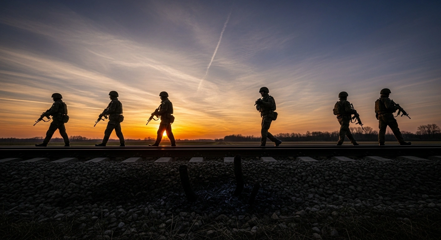 Polish soldiers in tactical gear patrol a railway track at dusk, with subtle signs of disturbance on the track, symbolizing their deployment to bolster security and protect critical infrastructure following railway sabotage incidents attributed to Russian-directed activities.