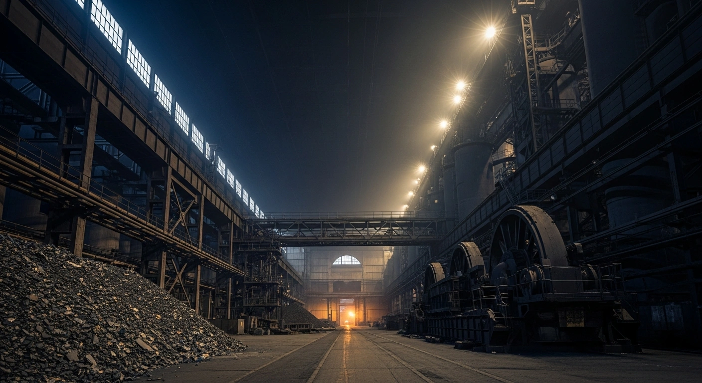 A wide, low-angle shot of a dimly lit Polish steel mill with cold, dormant machinery and a small pile of ferrous scrap, symbolizing the supply chain disruptions faced by Poland's steel industry due to Ukraine's zero export quota, while a faint, warm glow from a distant opening hints at Ukraine's crucial wartime economy.