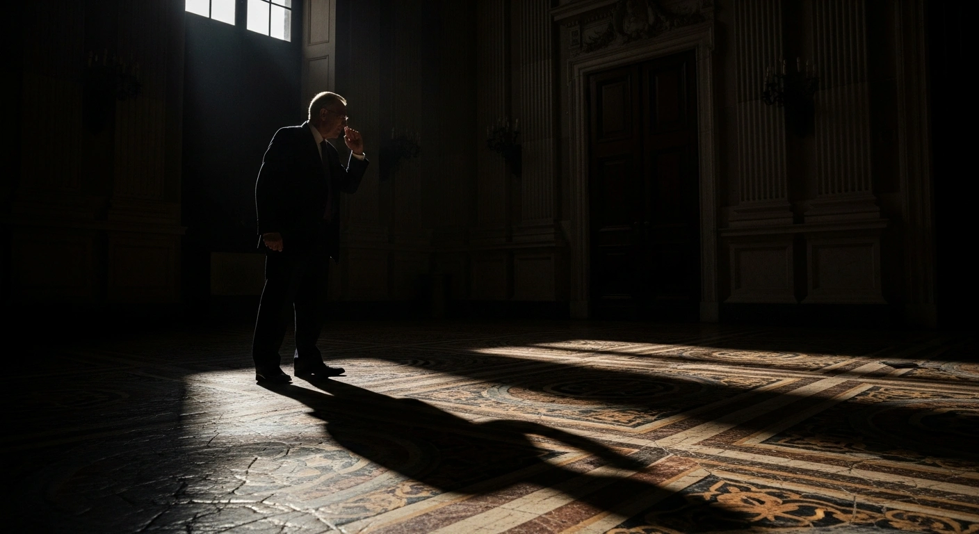 A dramatic, low-angle photograph shows a solitary figure, representing Poland's former justice minister Zbigniew Ziobro, standing in a grand, shadowed European hall, reflecting the gravity of his situation after being stripped of parliamentary immunity and facing 26 criminal charges related to the alleged misuse of the Justice Fund.