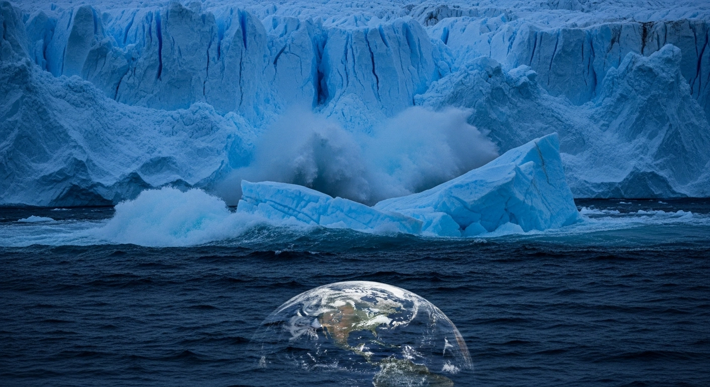 A colossal glacier calves into a dark polar sea under twilight, with a faint, distorted reflection of Earth's globe on the water, symbolizing the substantial loss of ice from Greenland and Antarctica that drives polar motion and alters the planet's rotational axis and center of gravity.