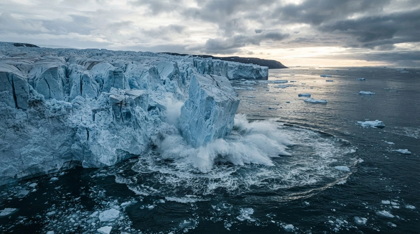 A massive glacier in Greenland is calving into the ocean as a result of significant polar ice loss and climate change.
