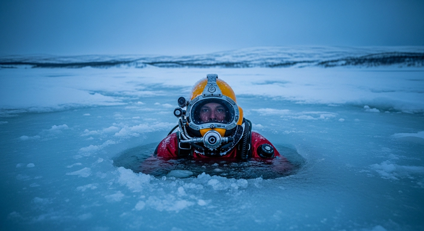 A scientist in specialized polar diving gear emerges from a hole in the ice during training at the University of Helsinki's Kilpisjärvi Biological Station.