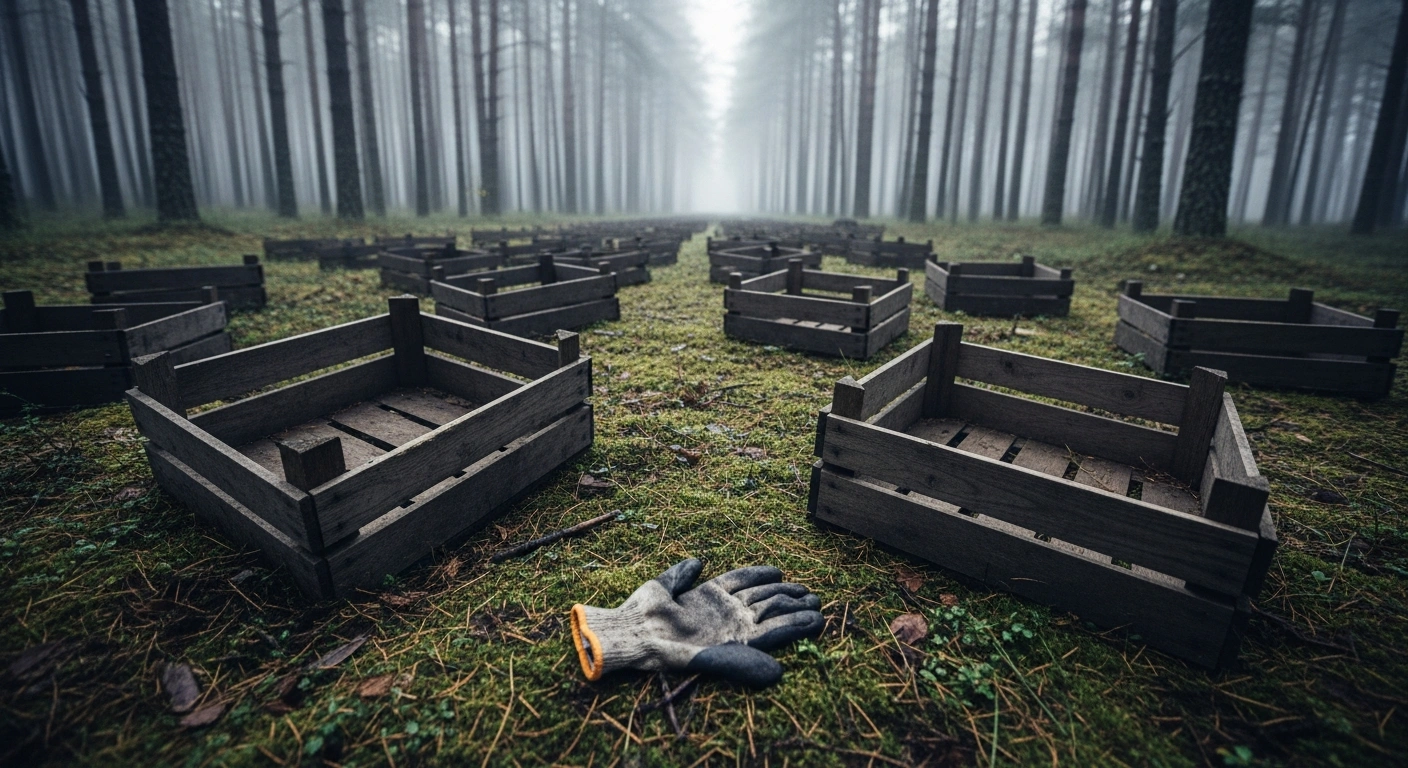 Abandoned berry crates and a discarded work glove sit in a dark Finnish forest, representing the human trafficking and forced labor case involving the former CEO of Polarica.