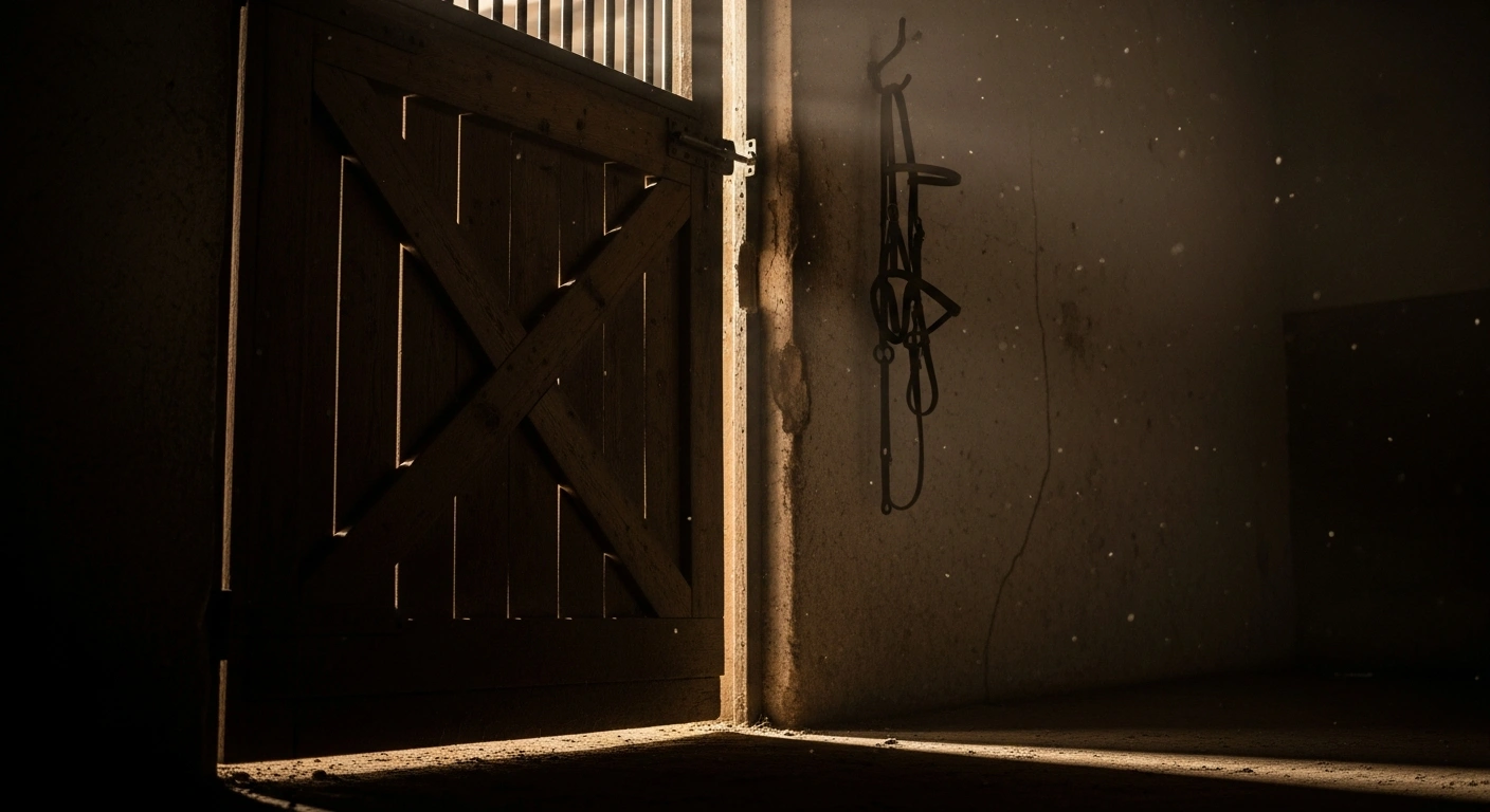 A somber scene inside a horse stable represents the investigation into the Poli-Nutri animal feed contamination case involving monensin.