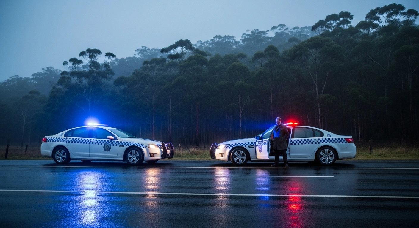 Police officers conduct an investigation at a rural scene in the Porepunkah region following the arrest of two men linked to Desmond Freeman.
