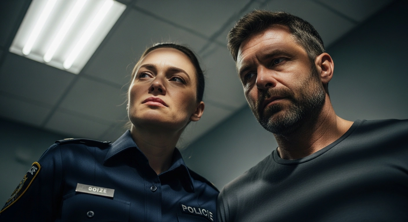 A tense scene depicting the arrest of police delegate Layla Lima Ayub and her partner, PCC leader Jardel Neto Pereira da Cruz 'Dedel', in São Paulo, amidst allegations of Ayub's ties to the criminal faction.