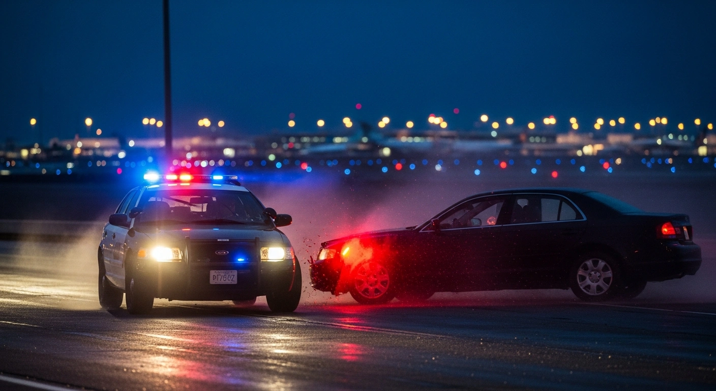 A police car performs a PIT maneuver on a dark fleeing sedan on a wet road at night, with emergency lights flashing and the illuminated Salt Lake City International Airport terminal visible in the background, concluding a multi-agency pursuit.