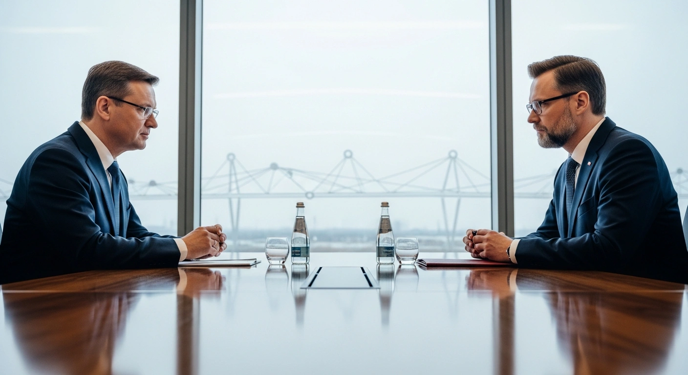 Polish President Karol Nawrocki and Latvian President Edgars Rinkevics are seated at a conference table, engaged in discussions about regional security, defense cooperation, support for Ukraine, and strengthening economic ties, including infrastructure projects like Via Baltica and Rail Baltica.