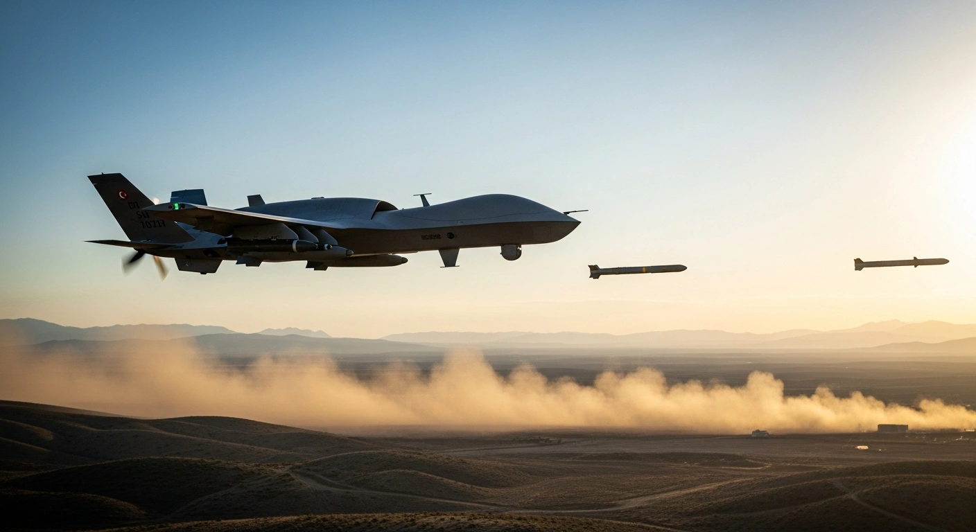 An advanced Polish-Turkish unmanned aircraft system conducts a successful live-fire precision strike trial over a desert landscape in Turkey.