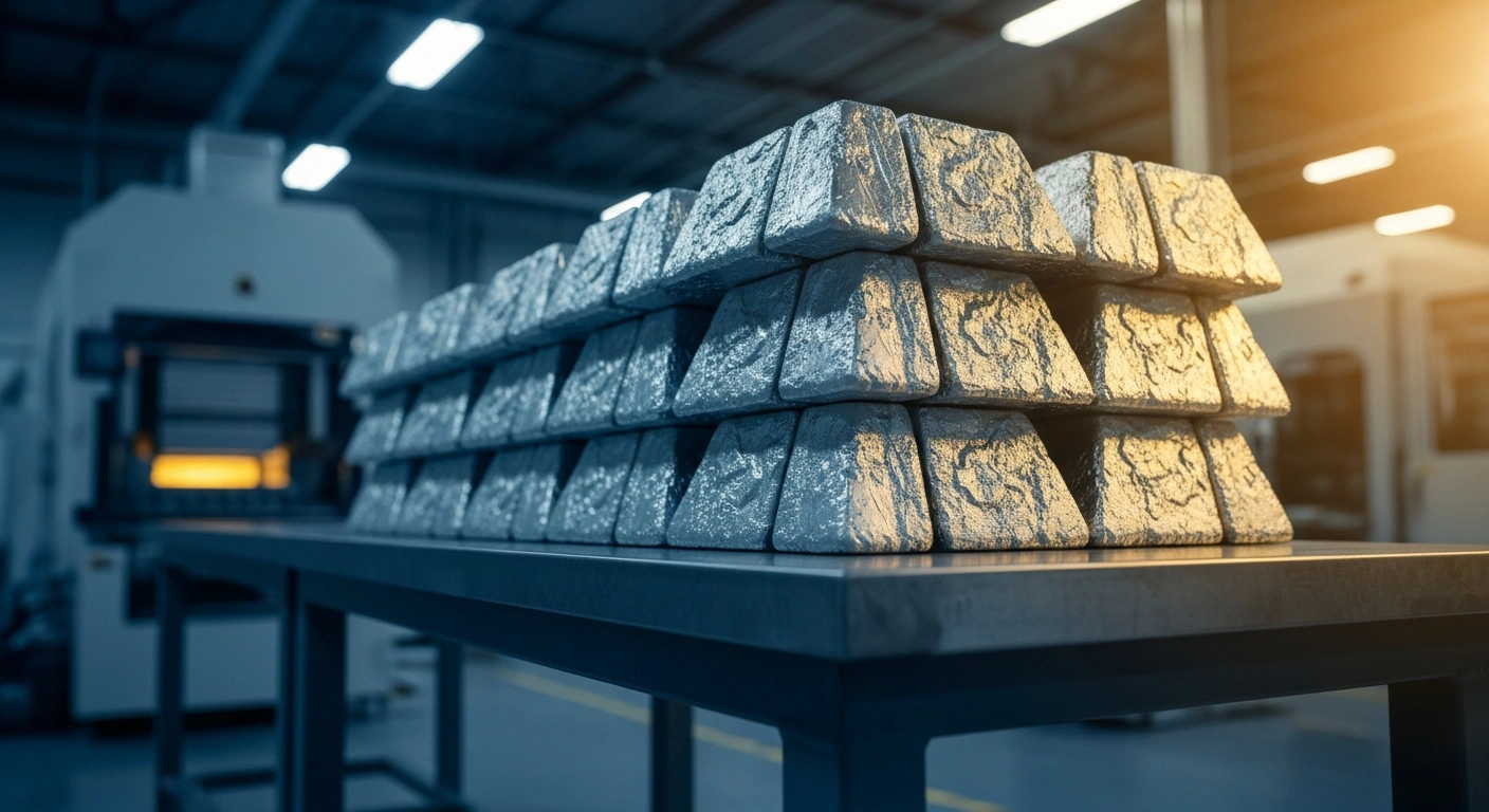 A stack of polysilicon ingots sits on a steel table in an American factory to represent the new trade policy and tariffs on polysilicon imports.