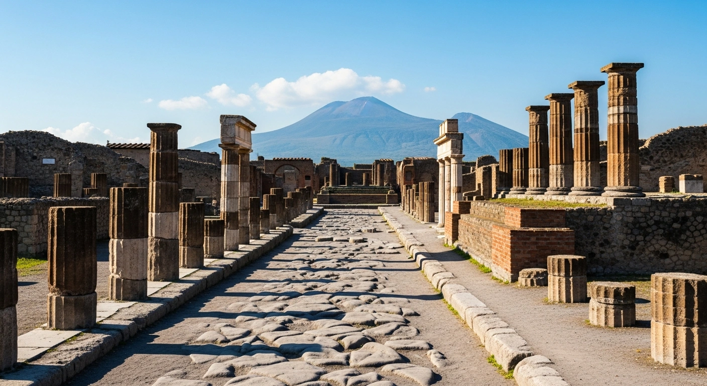 The empty, sunlit ruins of Pompeii stand silent under the shadow of Mount Vesuvius, illustrating that the reported visit of a non-existent pope never occurred.