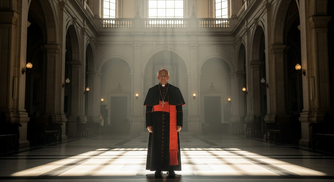 Cardinal Anthony Poola, wearing his vestments, stands confidently in a grand, ornately decorated hall bathed in warm sunlight, symbolizing his historic election as the first Dalit president of the Catholic Bishops' Conference of India.