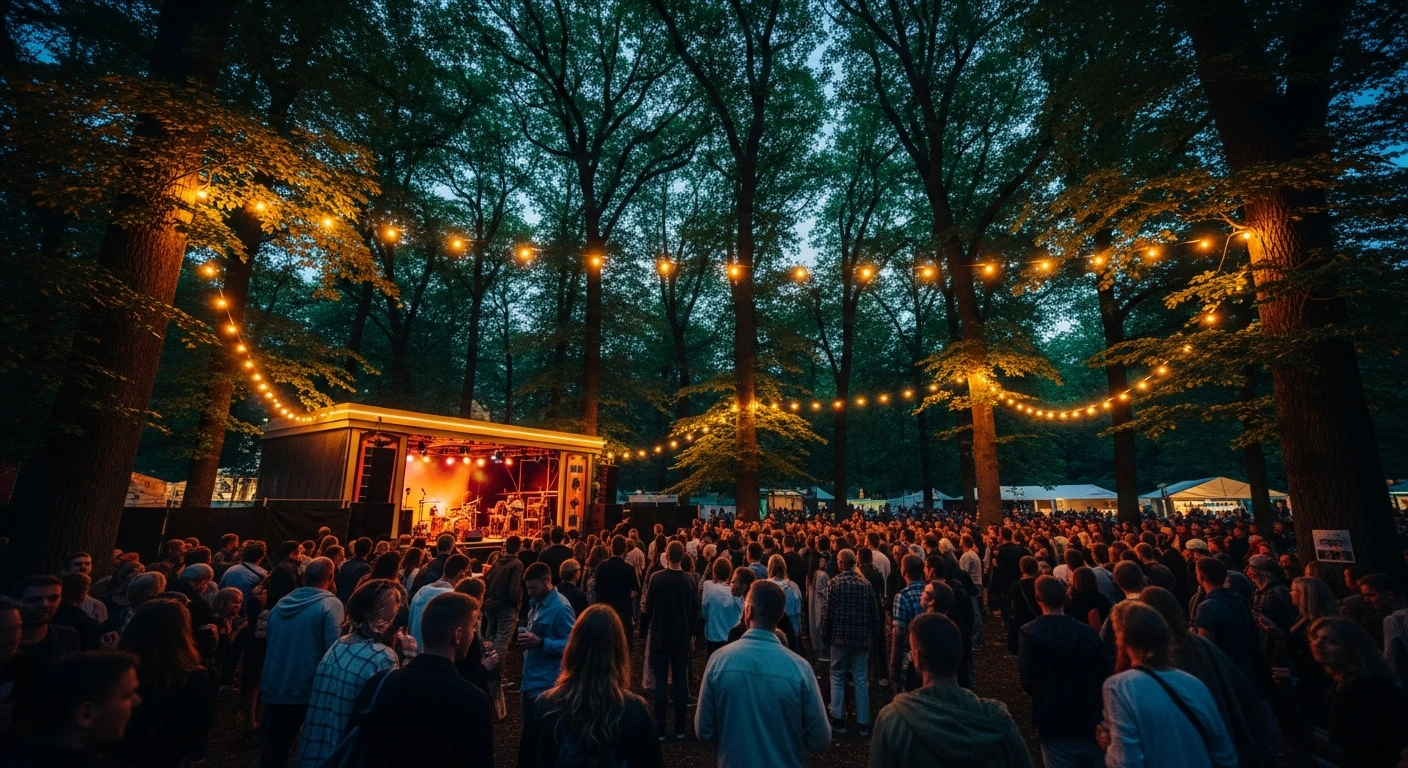 A diverse crowd gathers in the Reichenfeld park in Feldkirch, Austria, to enjoy the live music and cultural performances at the opening of the 2026 Poolbar Festival.
