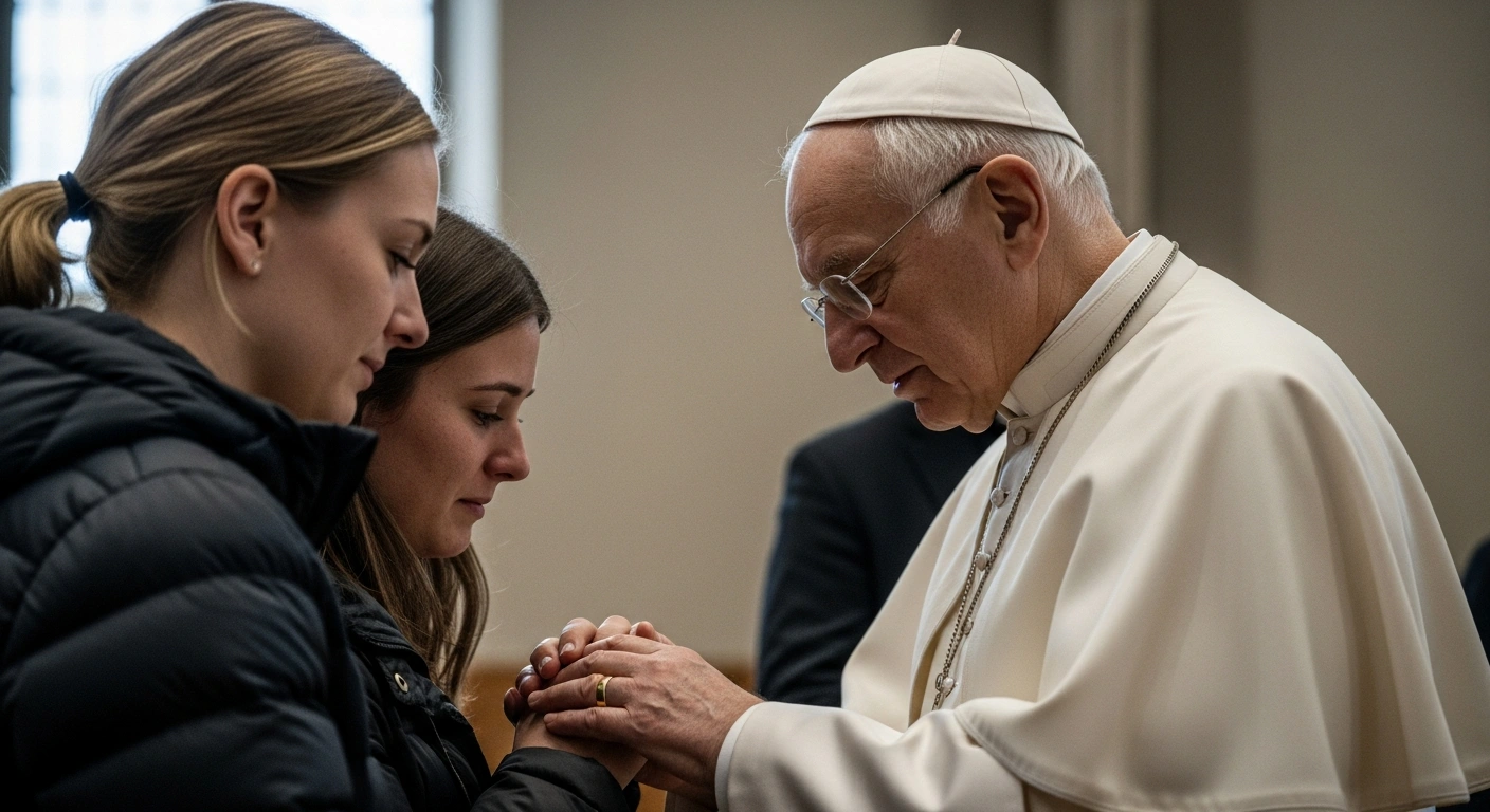 Pope Leo XIV, dressed in white, gently holds the hand of a grieving family member in a solemn indoor setting, offering comfort and faith after the tragic New Year's Day fire at Le Constellation bar in Crans-Montana, Switzerland.