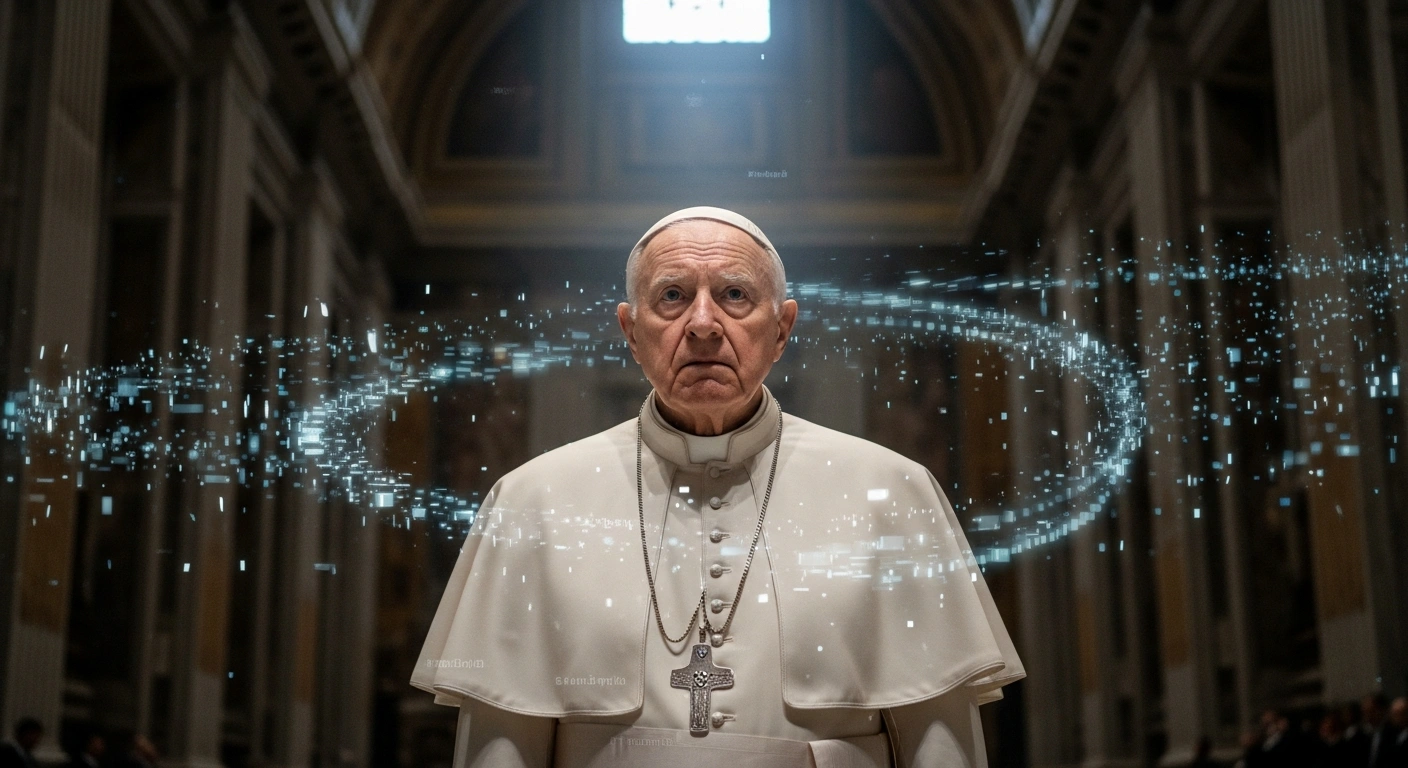 A solemn Pope Leo XIV stands in a grand, dimly lit Vatican-esque hall, illuminated by a soft glow, with subtle, swirling digital light patterns around him, symbolizing the dangers of fake news and the trivialization of information in digital media, emphasizing the need for discernment and quality communication.