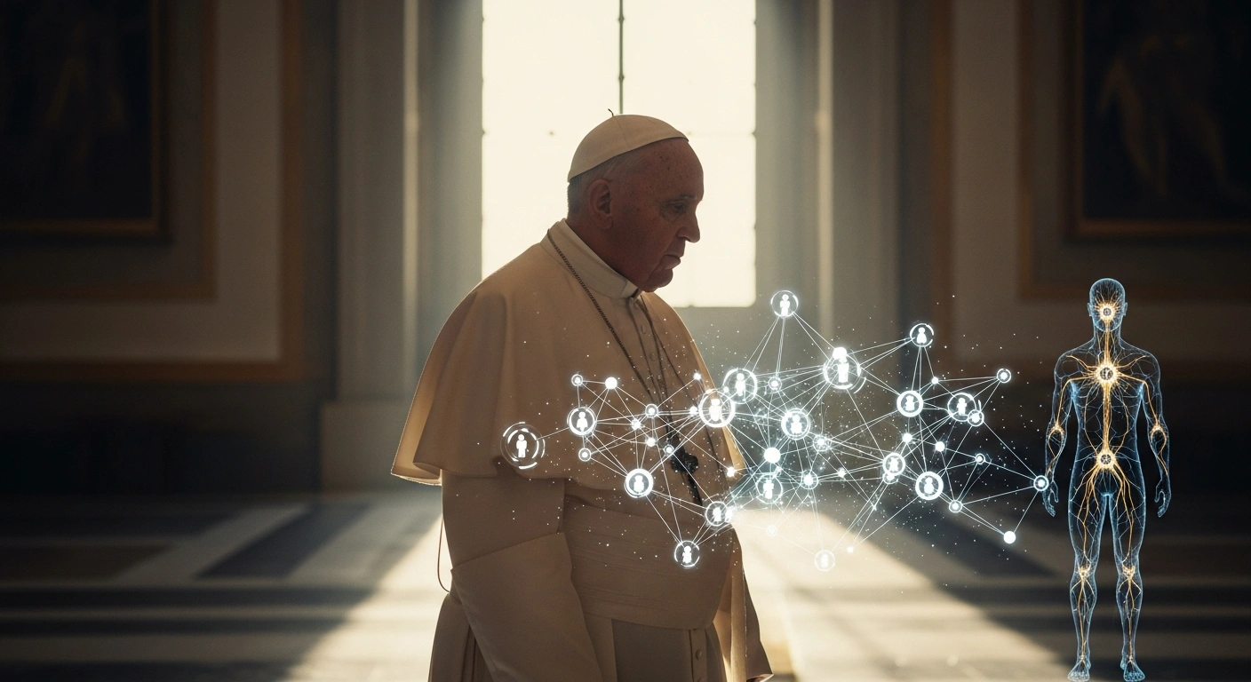 Pope Francis stands in a bright Vatican hall while observing a glowing digital visualization that represents the ethical development of artificial intelligence.