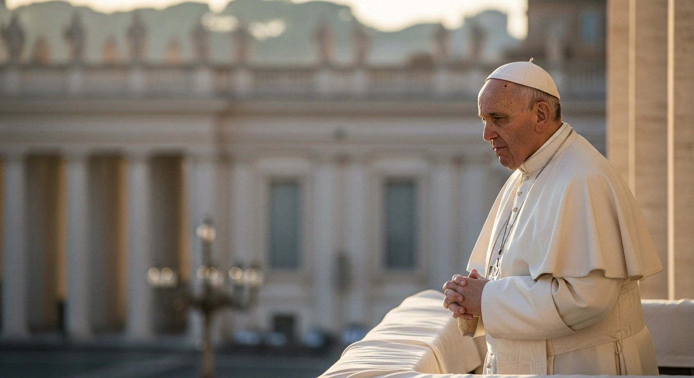 Pope Francis stands on a balcony at the Vatican with a solemn expression while making a plea for peace in the Middle East.