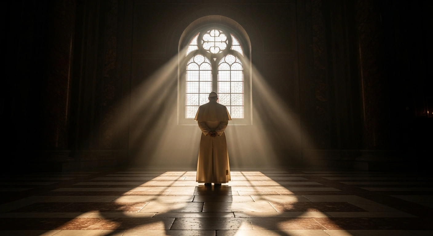 A solitary, robed figure, representing Pope Leo XIV, stands in a grand, arched room bathed in soft dawn light, embodying the spiritual renewal and deeper listening urged in his Lenten Message for 2026.