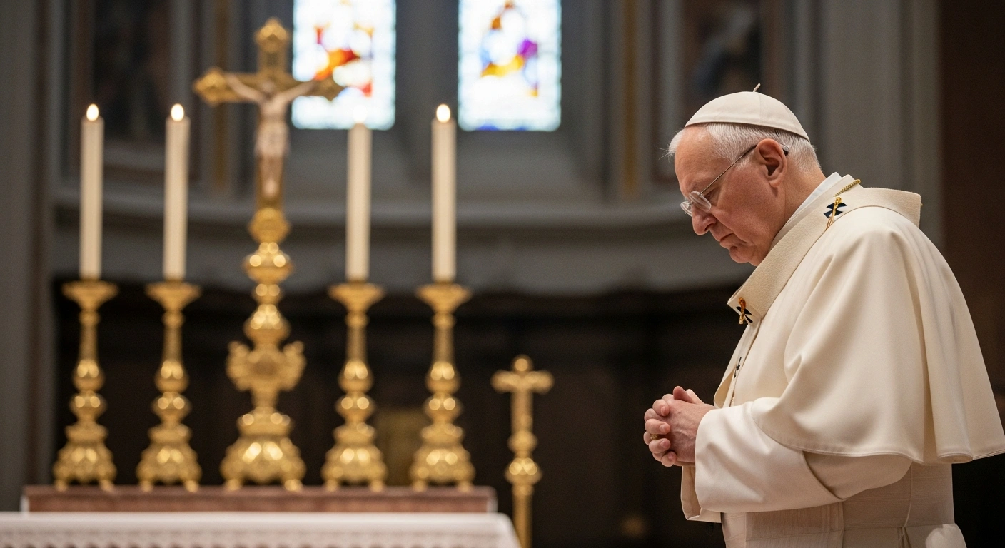 Pope Leo XIV stands in solemn contemplation within the ornate interior of the Basilica of the Sacred Heart of Jesus in Rome, bathed in soft, ethereal light during his pastoral visit for the 2026 Lenten program and spiritual exercises.