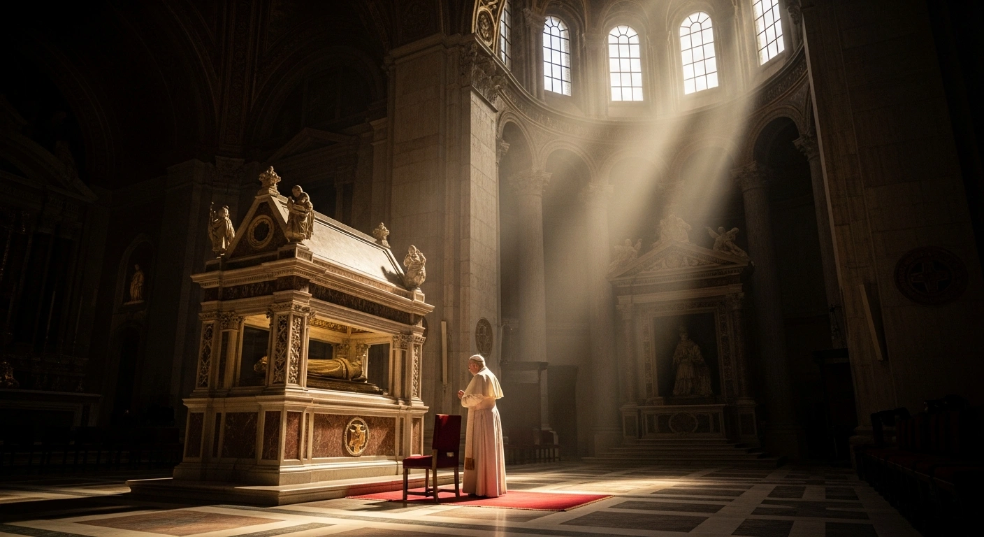 Pope Leo XIV prays before the relics of St. Augustine inside the historic Basilica of San Pietro in Ciel d'Oro in Pavia, Italy.