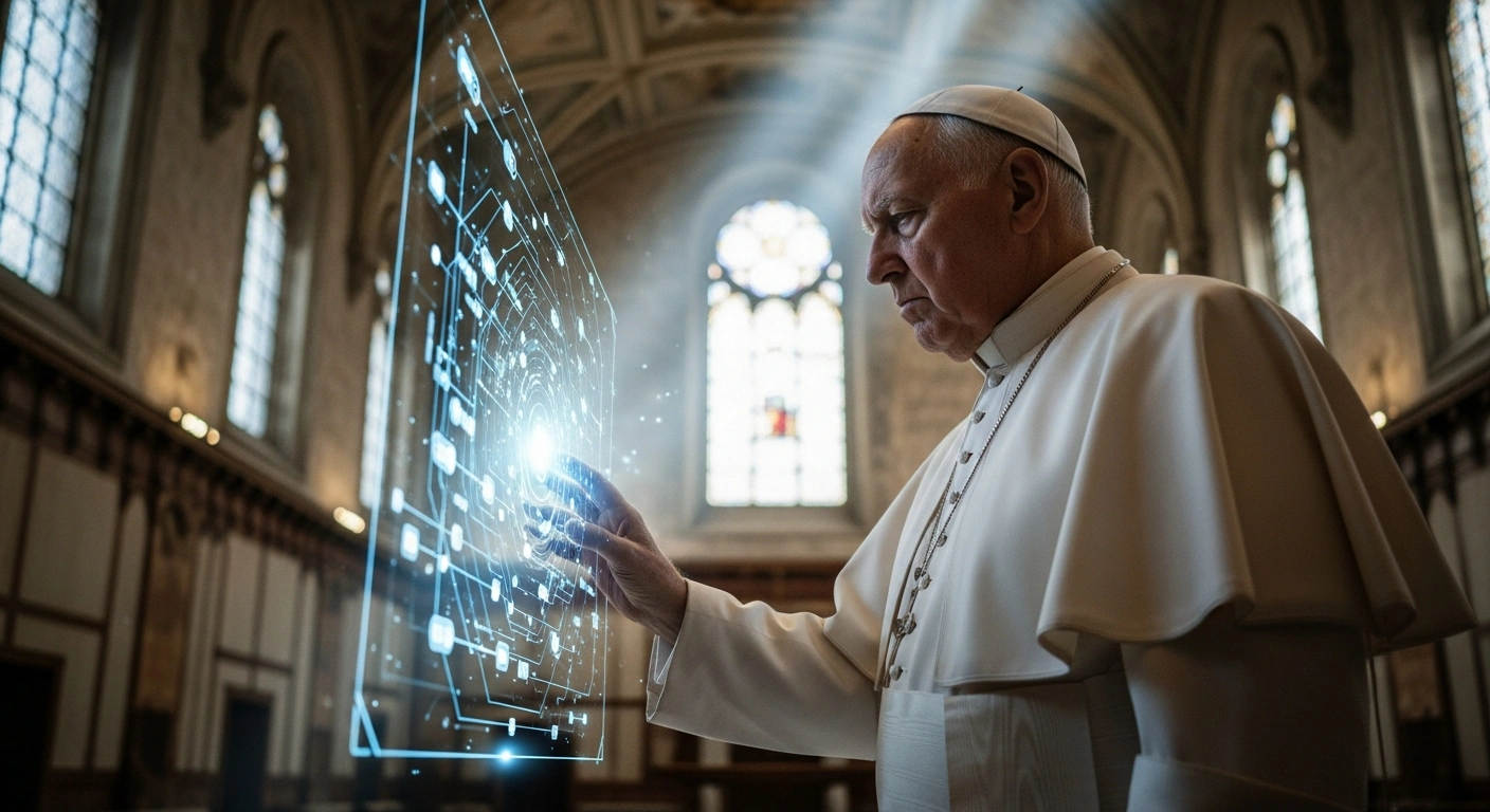 Pope Leo XIV stands in a Vatican library while observing a holographic representation of artificial intelligence to advocate for global ethical regulation.