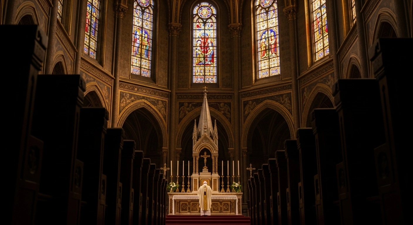 Pope Leo XIV celebrates Mass at the altar inside the grand Basilica of the Sacred Heart of Jesus in Rome, during his Lenten pastoral visit on the First Sunday of Lent, addressing themes of freedom and charity.