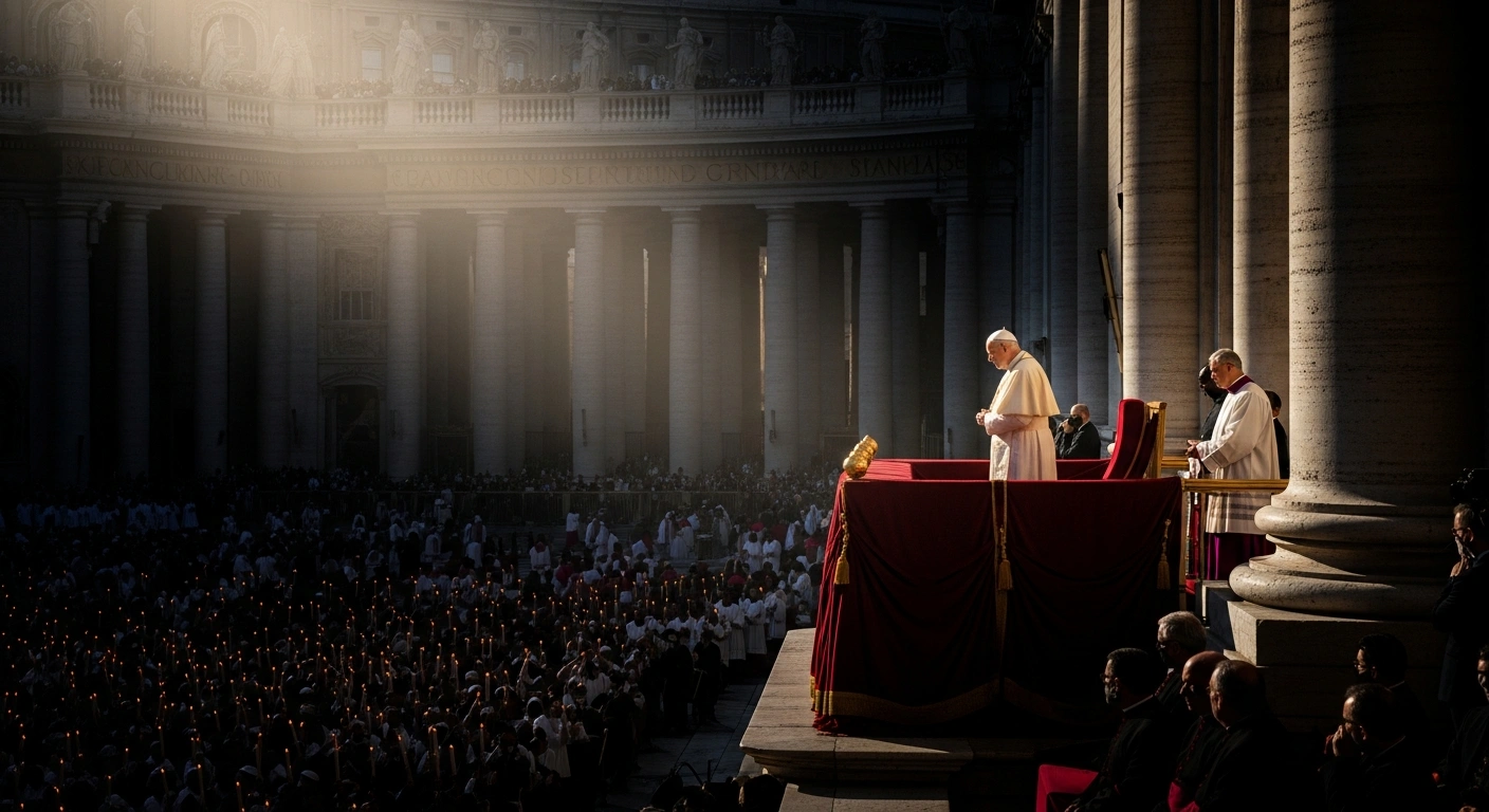 Pope Leo XIV delivers his inaugural Easter Urbi et Orbi blessing from the balcony of St. Peter's Basilica to a large crowd gathered in the Vatican.