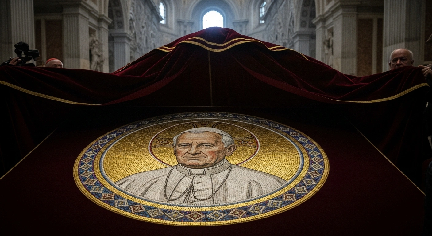 A newly unveiled 137-centimeter diameter mosaic medallion depicting Pope Leo XIV, crafted with approximately 15,000 glass enamel and gold tesserae by the Vatican Mosaic Studio, is shown in a grand, softly lit hall.