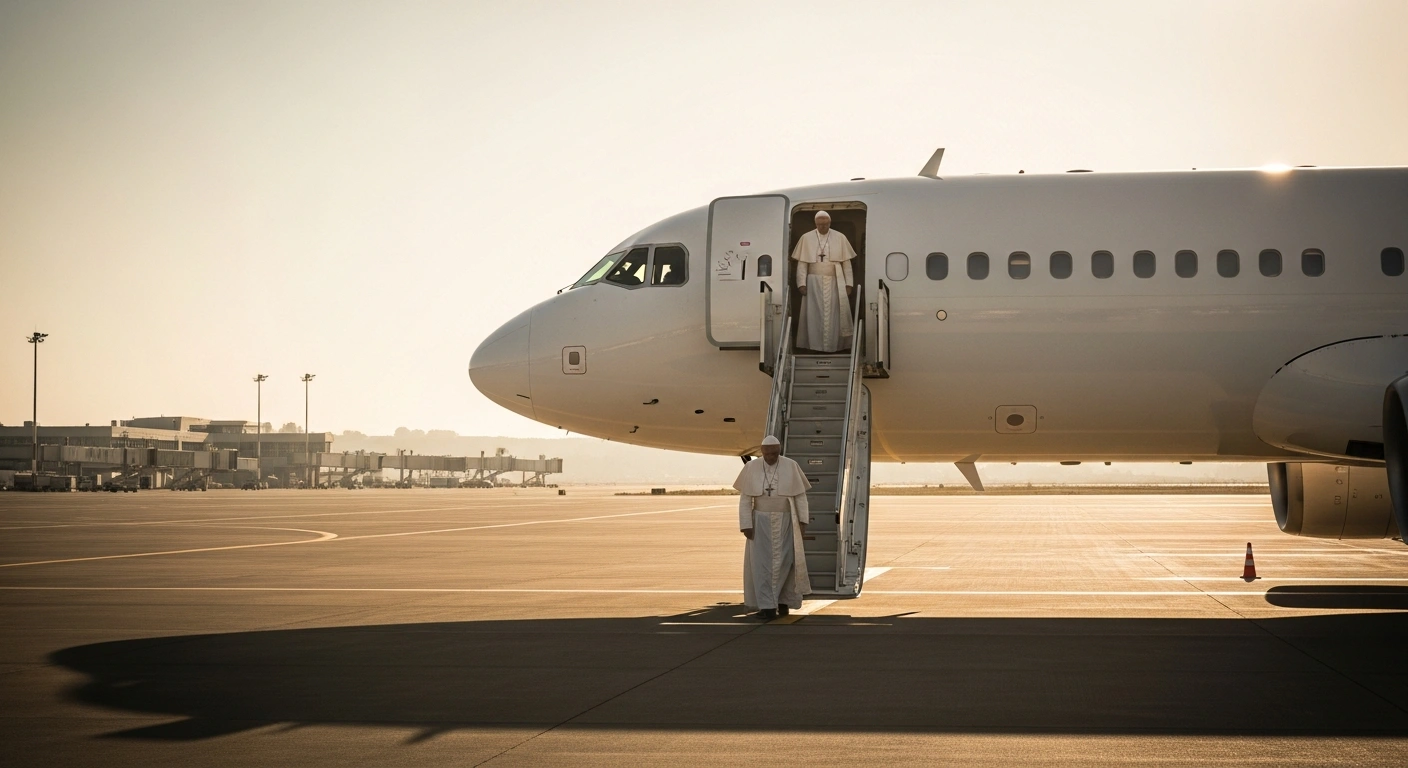 Pope Leo XIV walks toward an airplane at Fiumicino Airport to begin his apostolic visit to Spain.