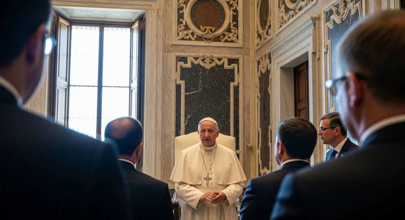 Pope Leo XIV, dressed in white, addresses a group of senior mining and energy executives, including CEOs from BHP, Vale, Ivanhoe Mines, and Sigma Lithium, in a grand Vatican chamber, advocating for ethical resource extraction, human rights, and integral ecology under the 'Building Bridges Initiative'.