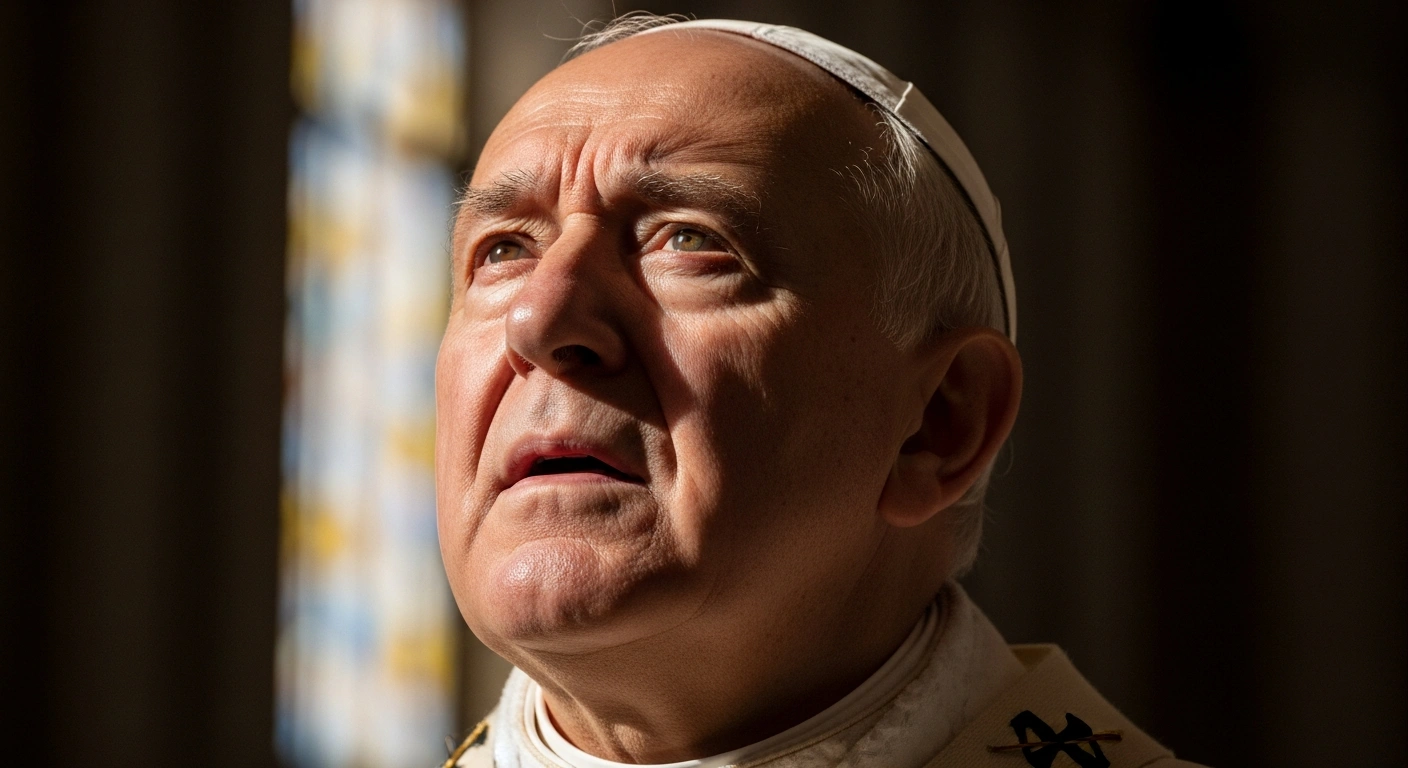 A medium close-up of Pope Leo XIV, illuminated by stained-glass light within the Vatican, his expression conveying an urgent call for an immediate ceasefire and intensified dialogue in Ukraine, emphasizing that 