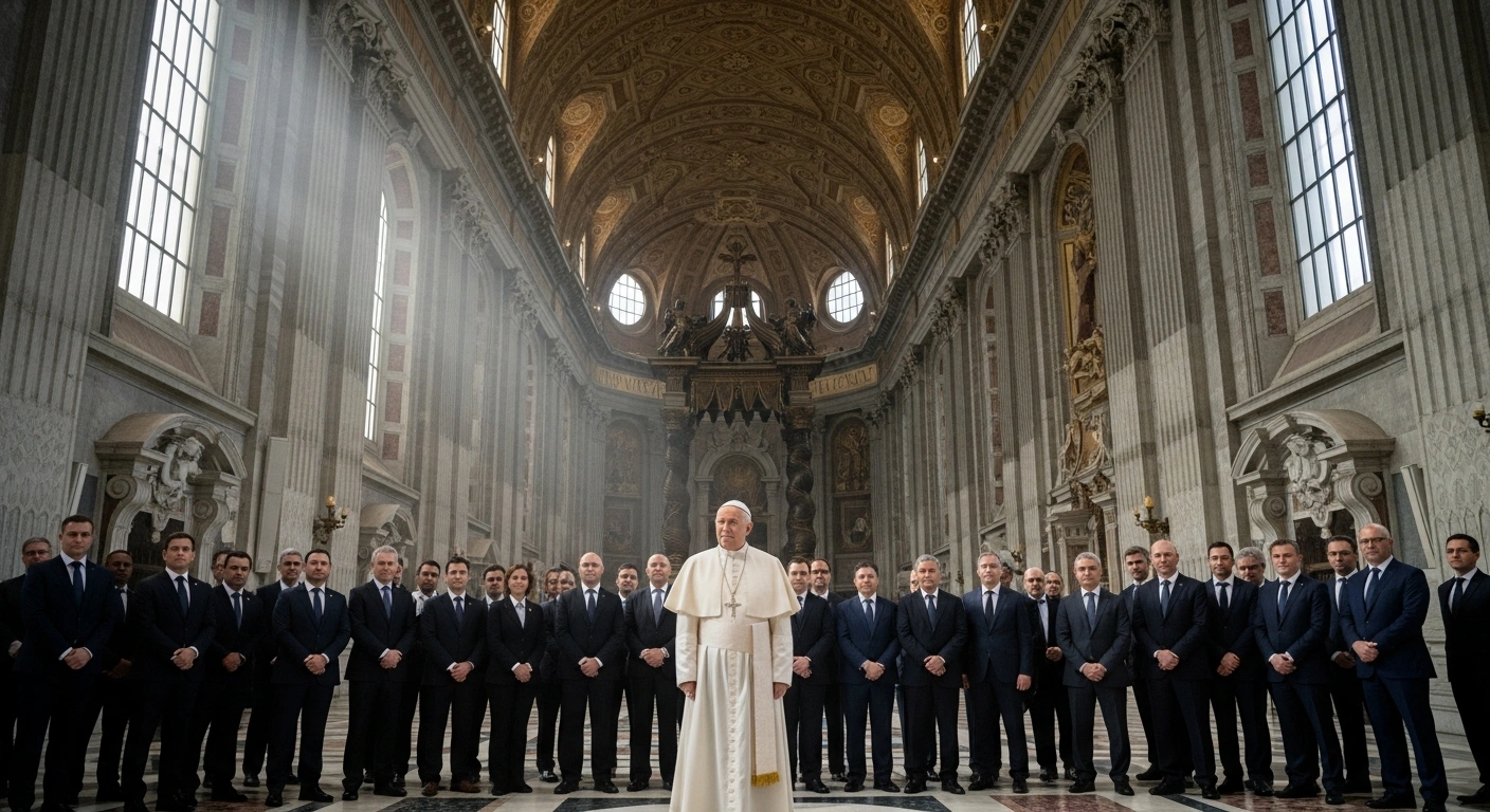 Pope Leo XIV, dressed in white robes, stands in a grand Vatican hall with soft light streaming through arched windows, addressing a diverse group of senior mining and energy executives during a meeting focused on ethical resource extraction, human rights, decent work, and integral ecology.