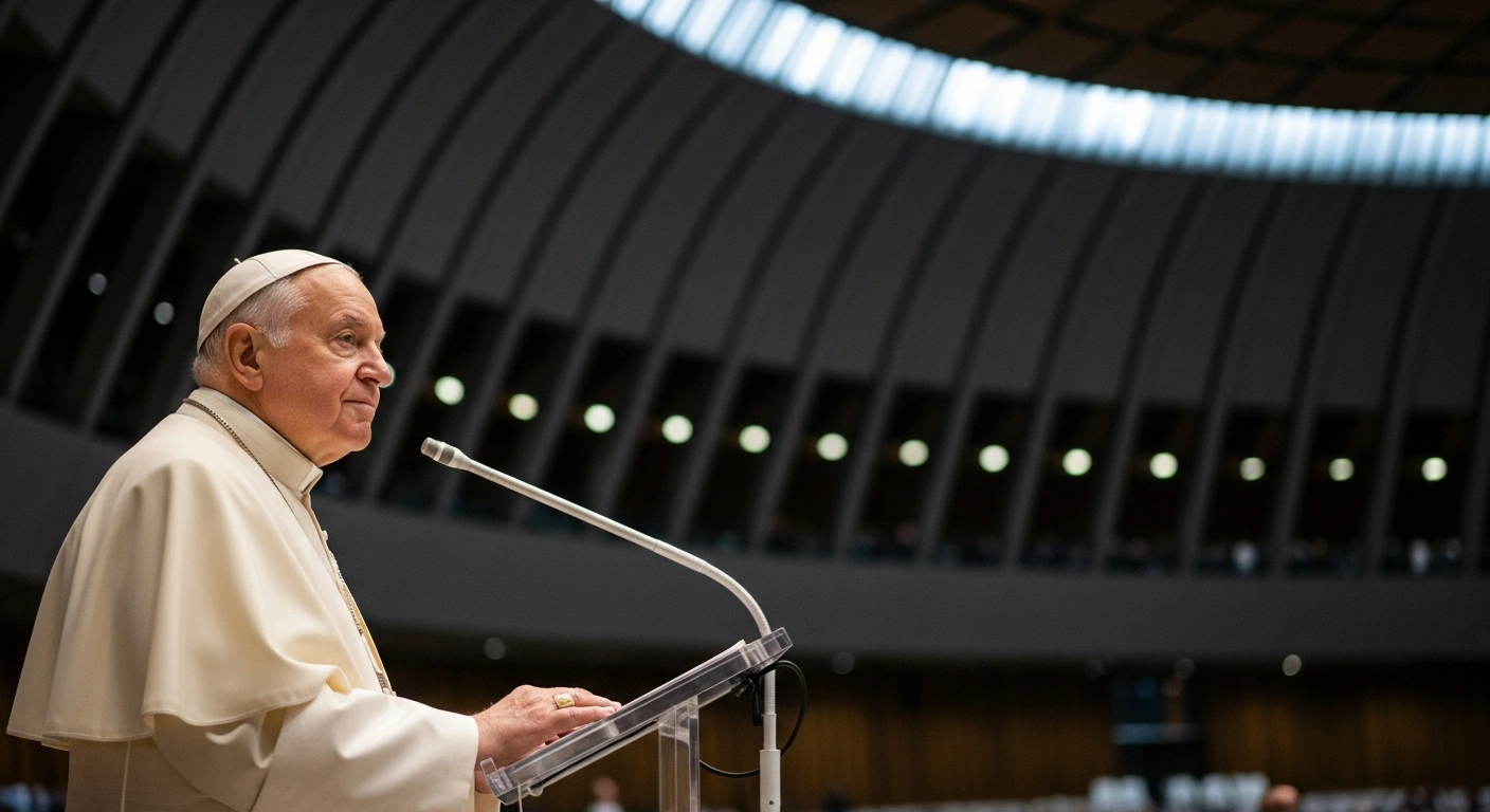 Pope Leo XIV stands at a modern podium in the Paul VI Hall at the Vatican, bathed in soft golden light, with a serene expression, as he delivers a message on daily prayer and spiritual reflection.
