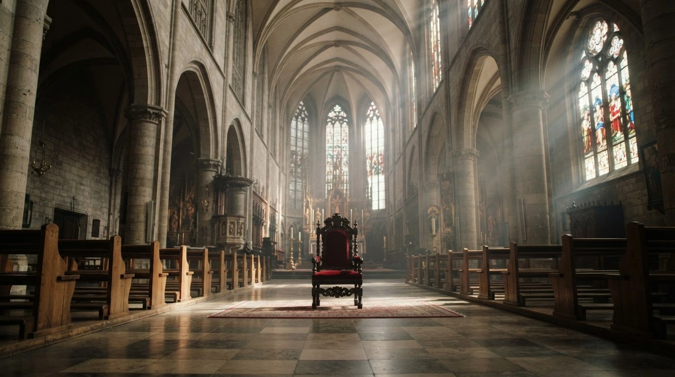An empty cathedral interior with a solitary chair, illustrating the factual correction regarding false reports of a papal visit to Argentina.